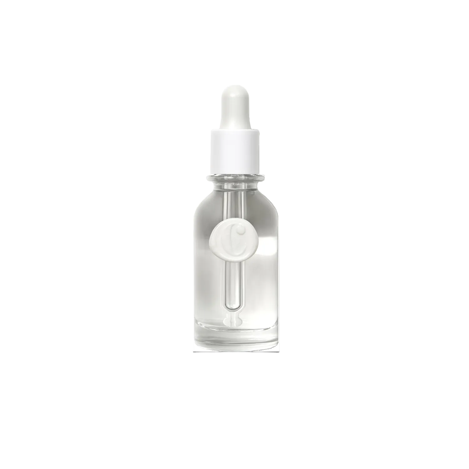 Clear glass dropper bottle with white cap on a white background